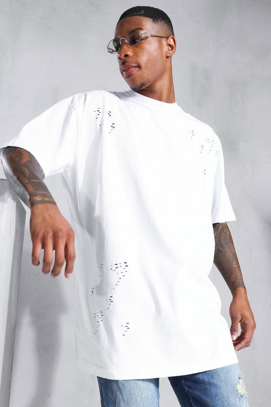 White Oversized Versleten T-Shirt Met Brede Nek image number 1