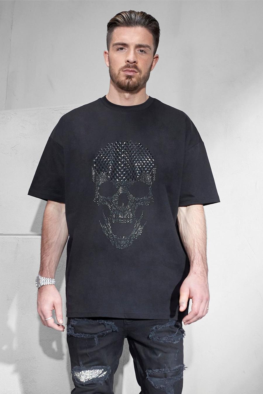 Black svart Oversized Rhinestone Skull T-shirt