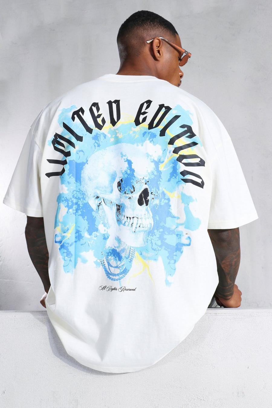 Camiseta oversize con cuello extendido y estampado gráfico de calavera, Ecru white