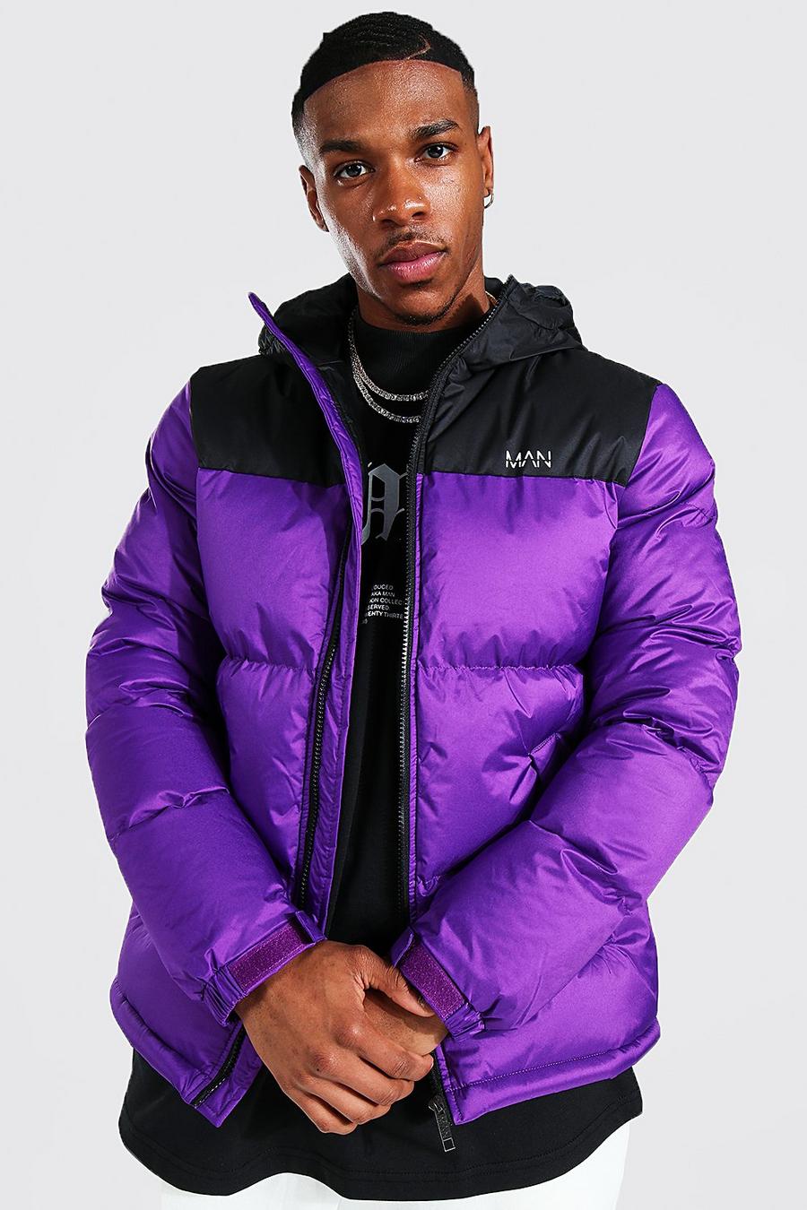Purple Man Dash Colour Block Hooded Puffer image number 1