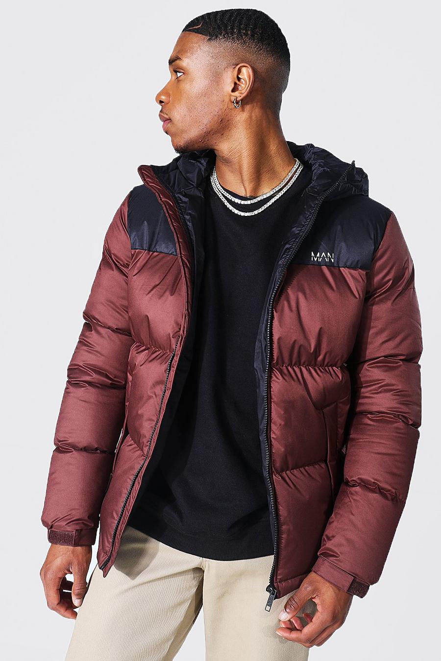 Brown Man Dash Colour Block Hooded Puffer image number 1