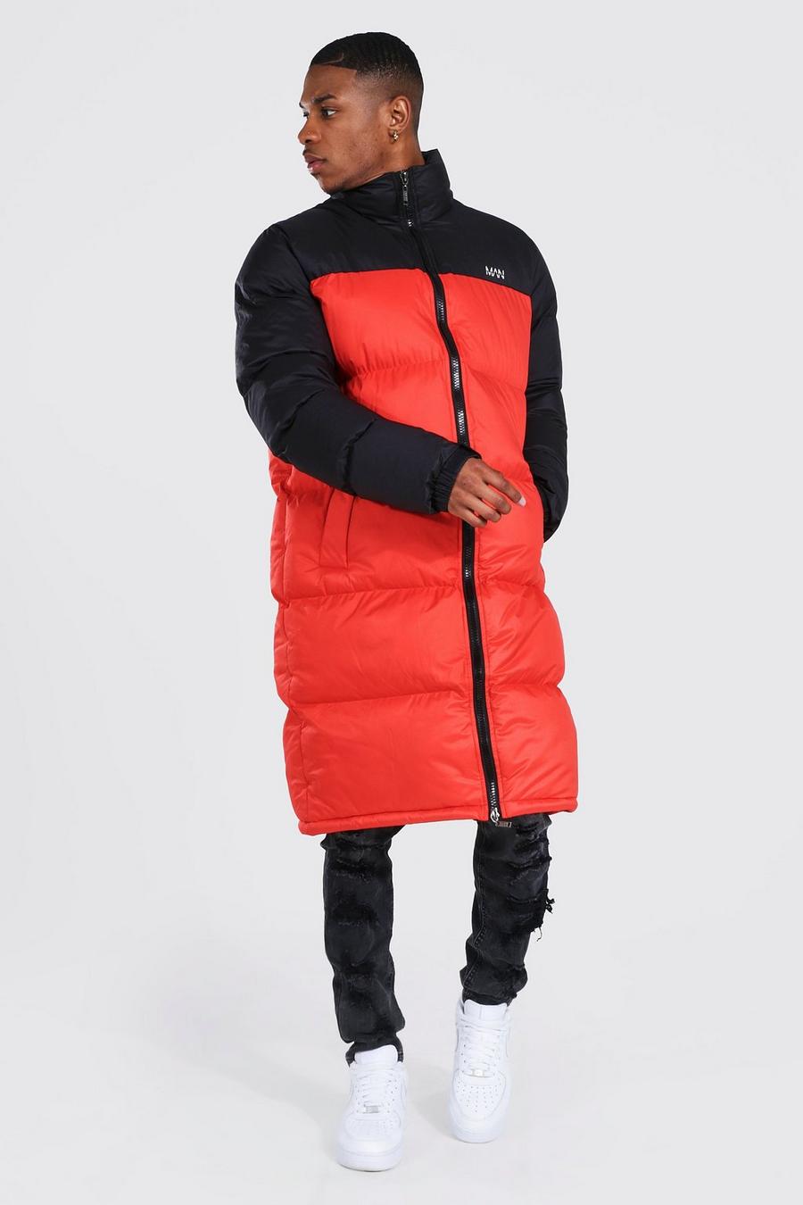 Red rosso Man Dash Colour Block Longline Puffer image number 1