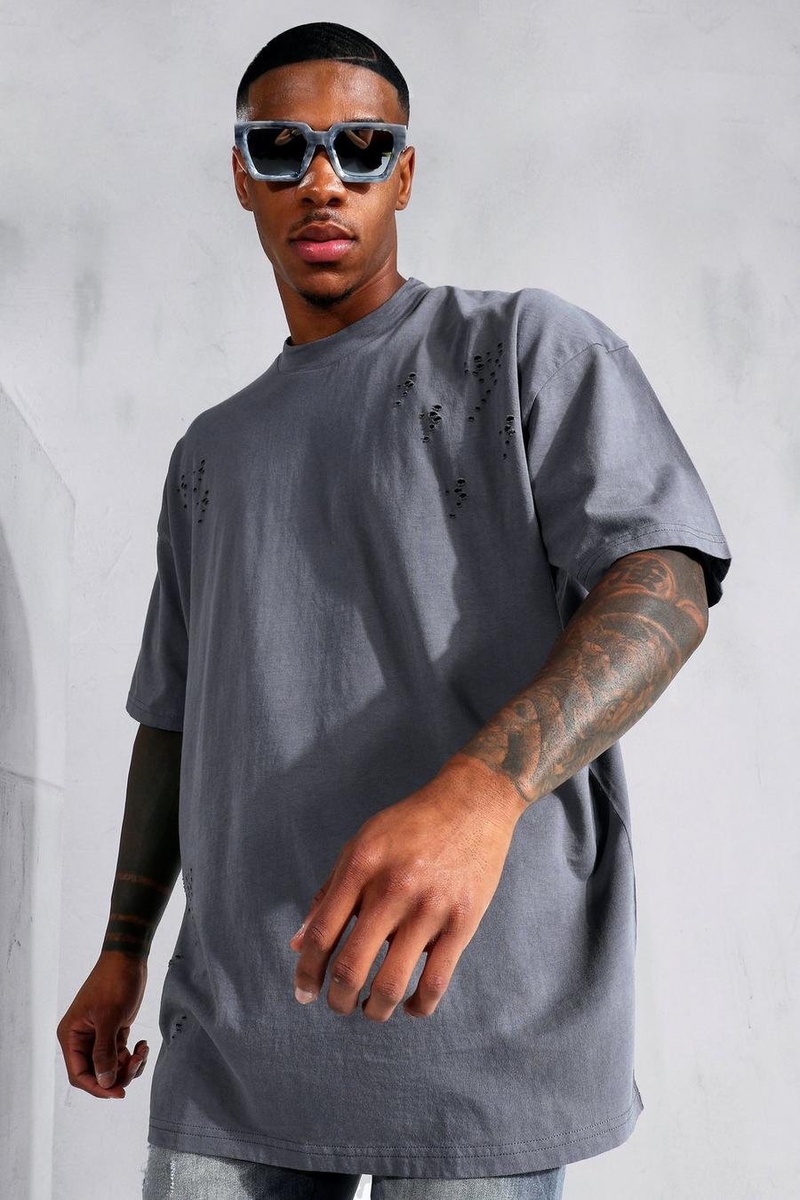 Charcoal Oversized Extended Neck Distressed T-shirt image number 1