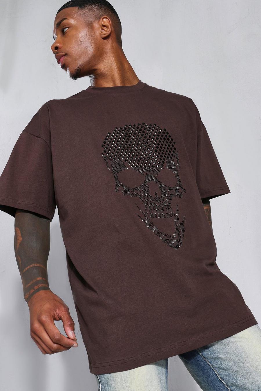 Camiseta oversize con calavera de incrustaciones, Chocolate image number 1