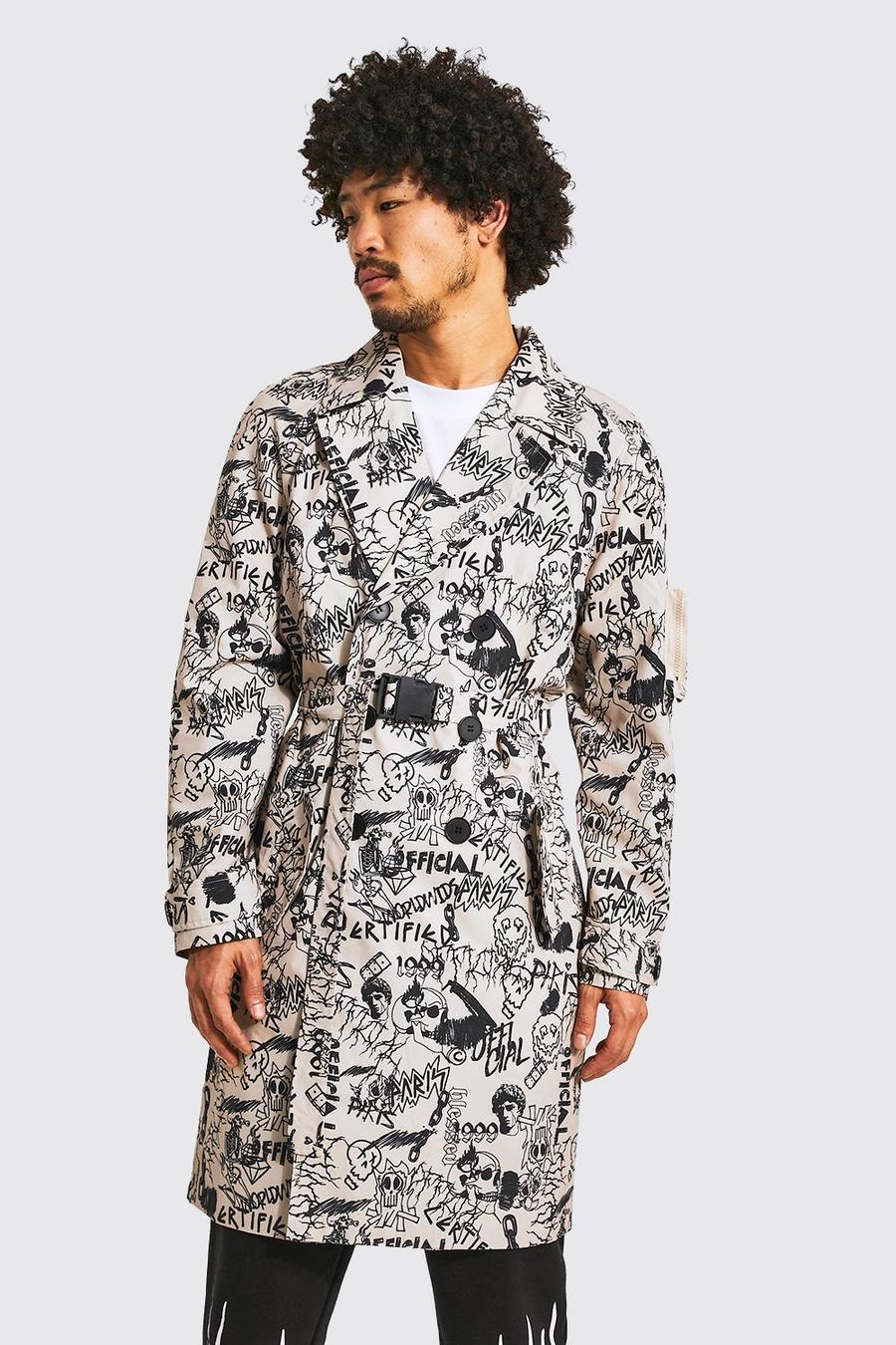 Stone All Over Graffiti Print Trench Coat image number 1
