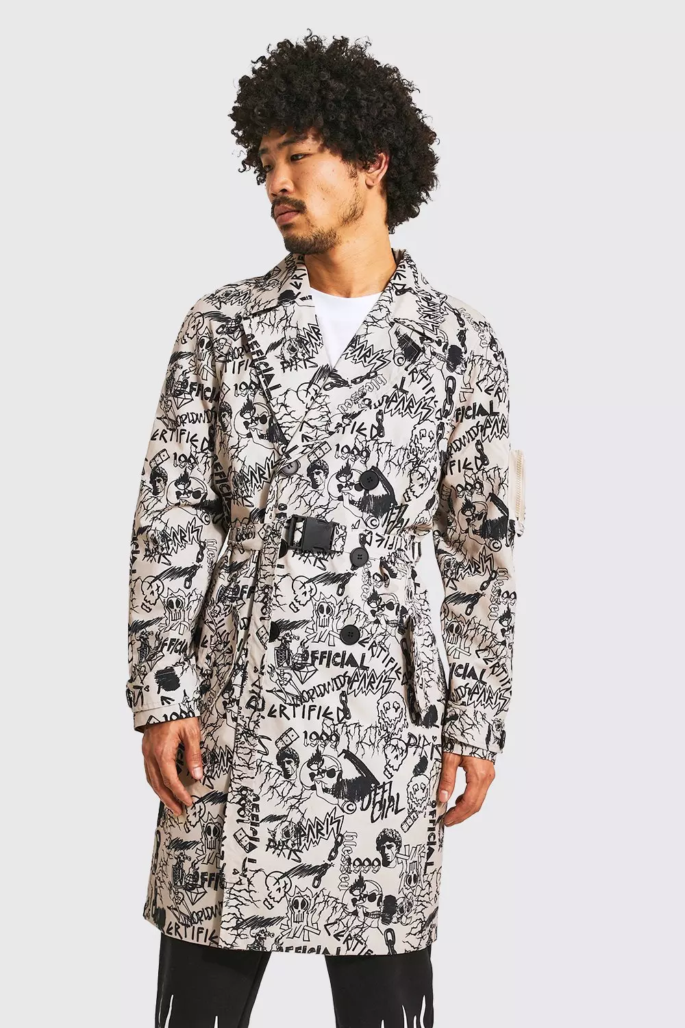 All Over Graffiti Print Trench Coat