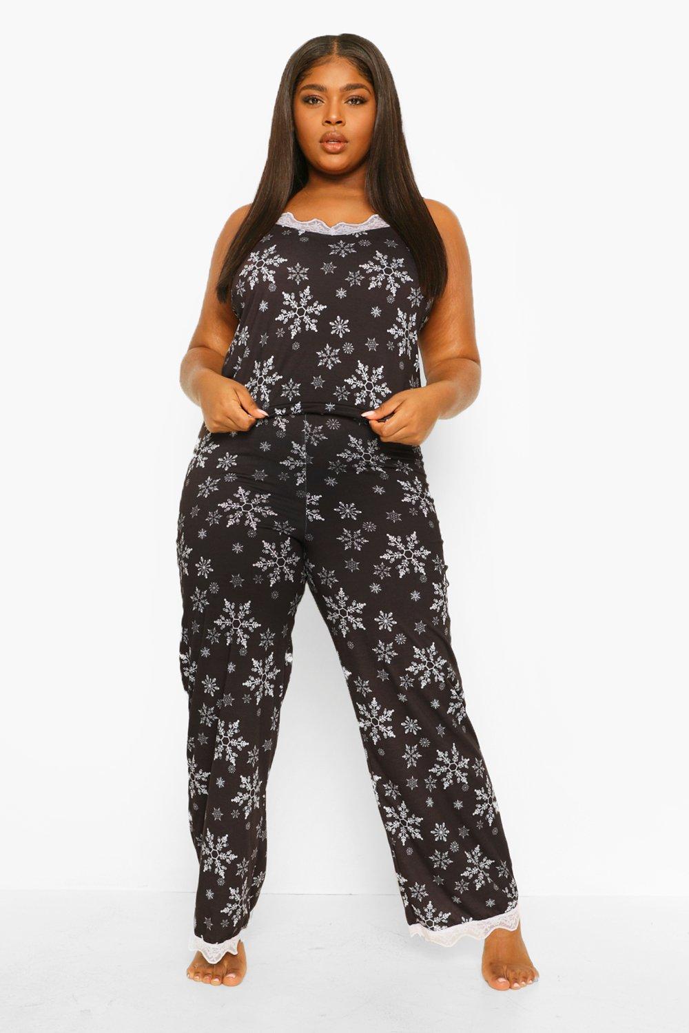 Plus Snowflake Print Lace Trim Cami Top Trousers Christmas Pyjama Set boohoo NZ