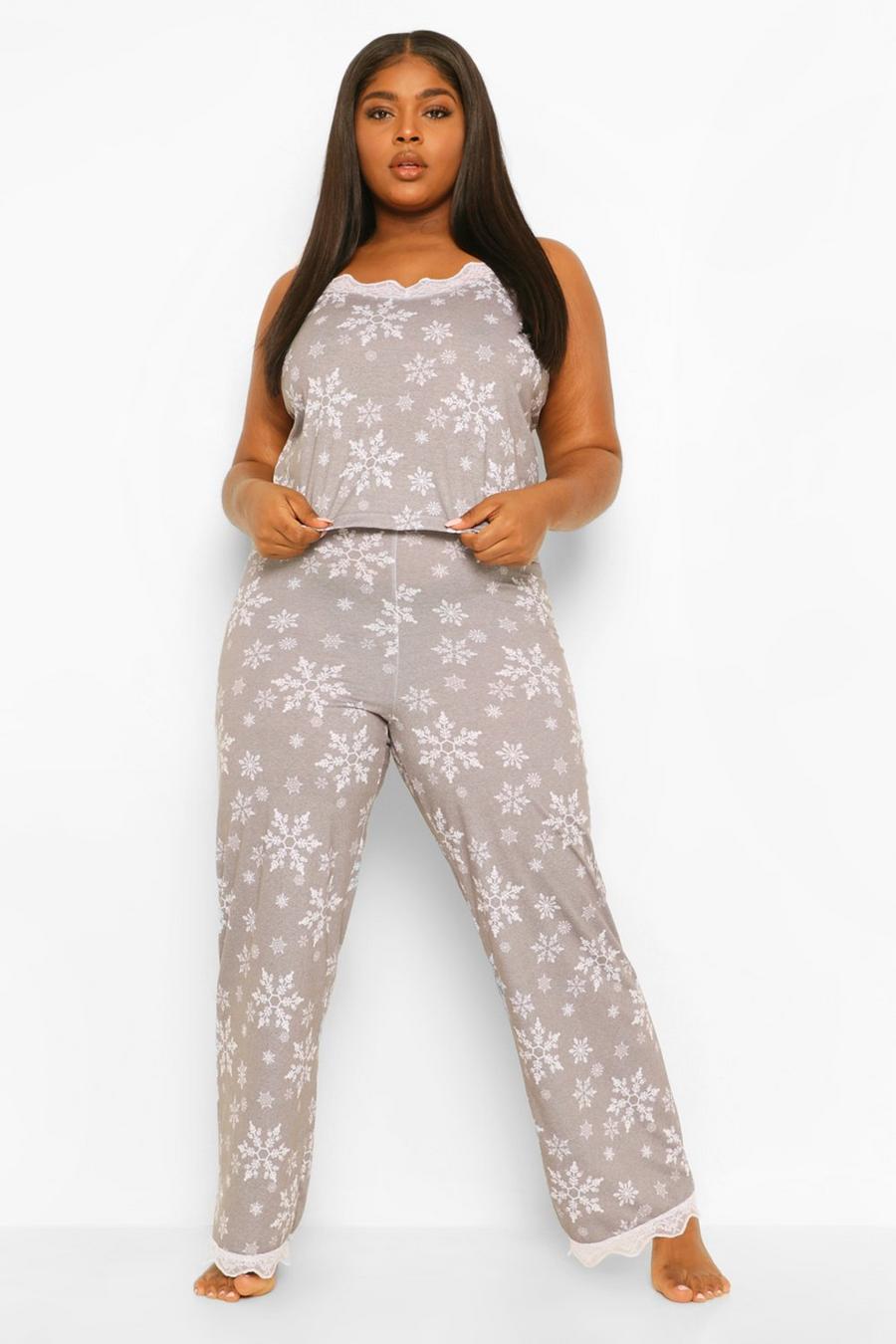 Grande taille - Ensemble pyjama débardeur et pantalon imprimé flocons, Grey image number 1