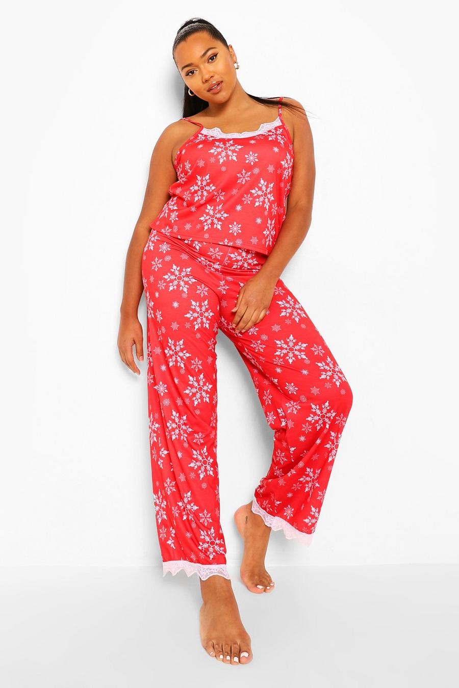 Grande taille - Ensemble pyjama débardeur et pantalon imprimé flocons, Red image number 1