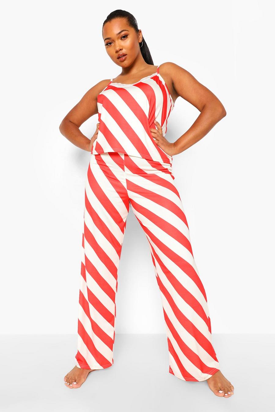 Grande taille - Ensemble pyjama débardeur et pantalon sucre d'orge à rayures, Red image number 1