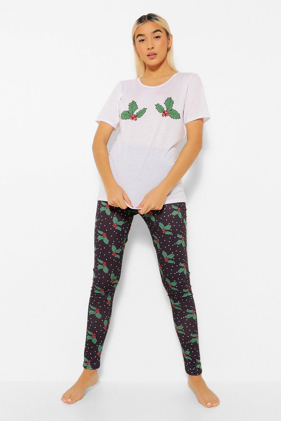 Black Christmas Holly T Shirt And Leggings Pajamas Set image number 1
