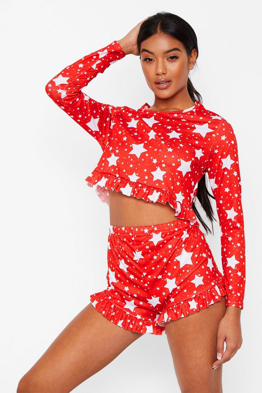 Red Star Print Frill Christmas Pajama Short Set image number 1
