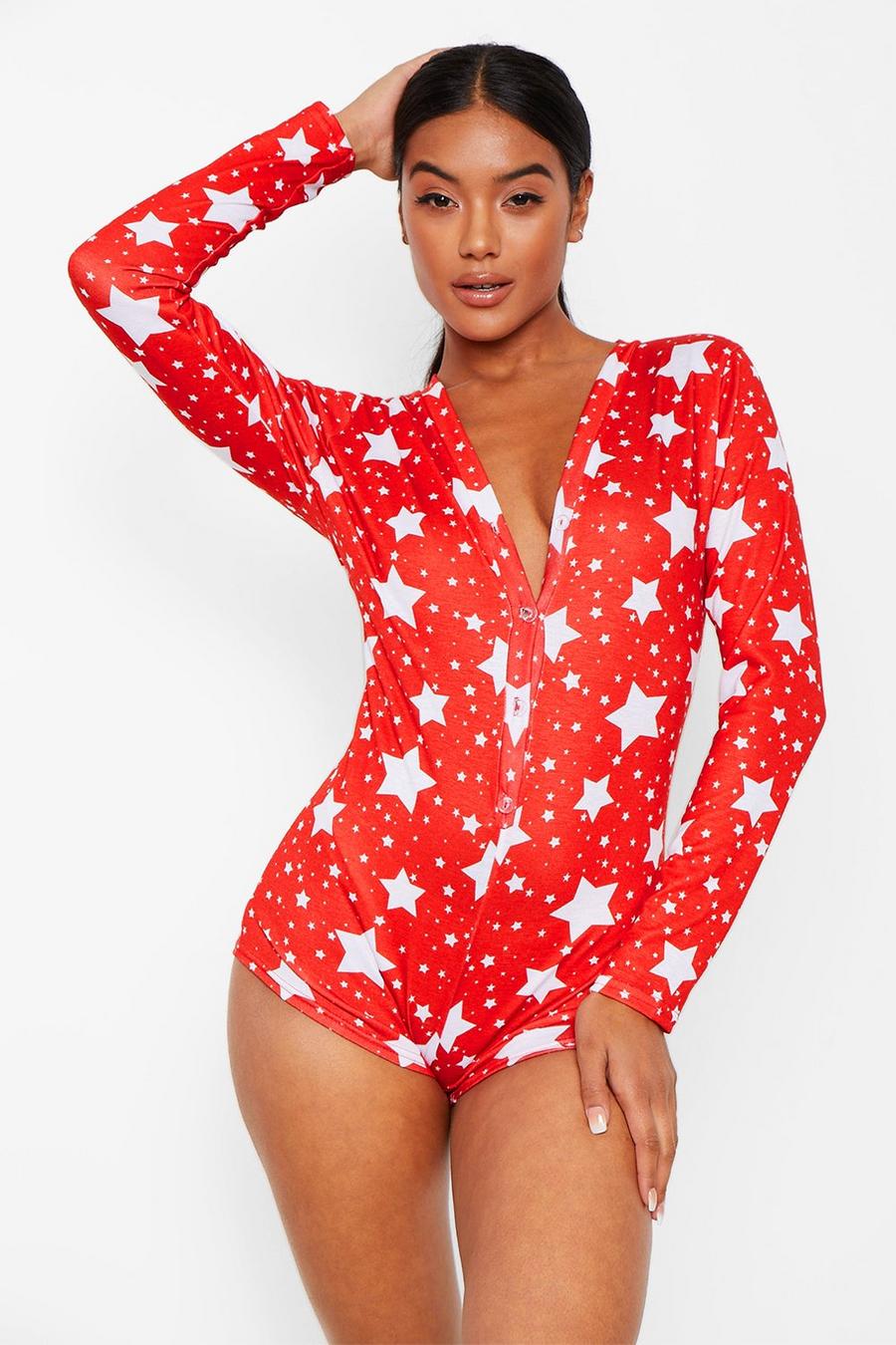 Red Star Print Jersey Christmas Romper image number 1