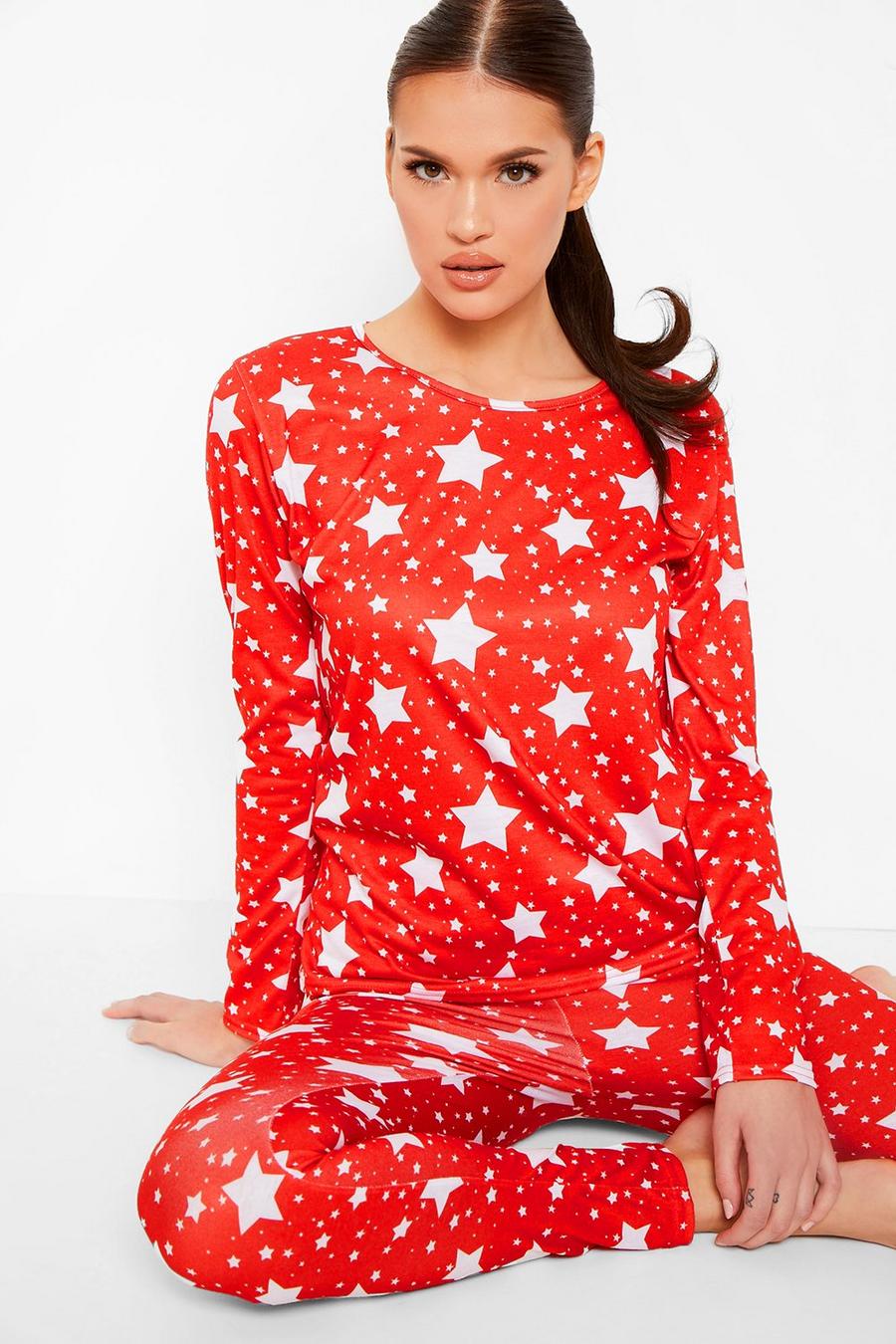 Red Star Print Jersey Christmas Pajama Set