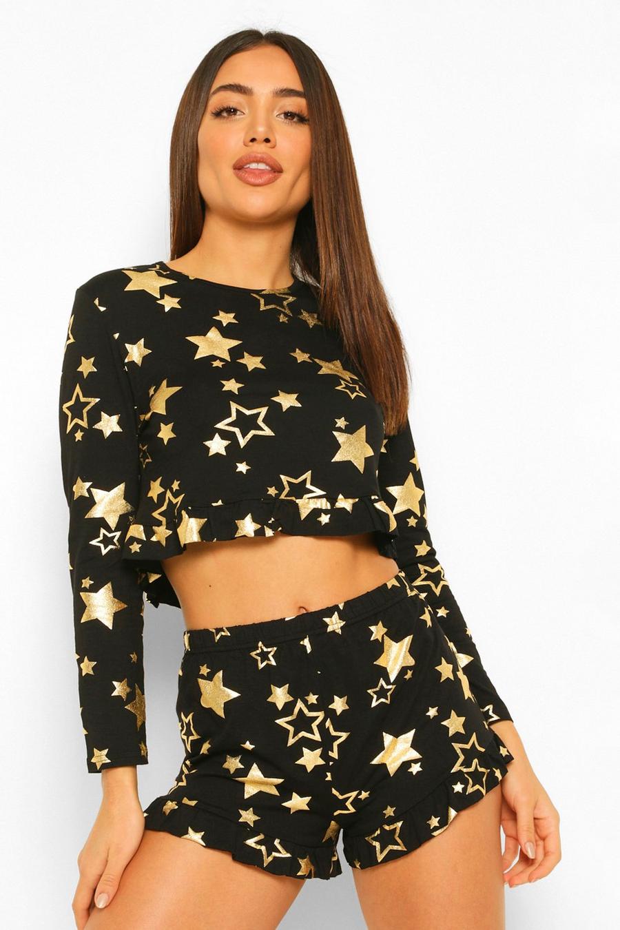 Black Pyjamas med volangshorts och stjärnmönster i metallicfärg image number 1