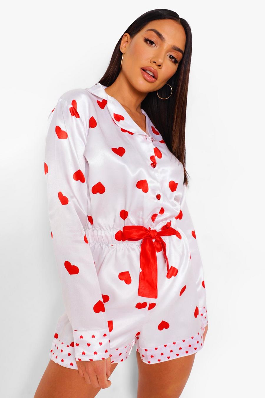 Valentines Jumpsuit aus Satin mit Herz-Print, Weiß image number 1