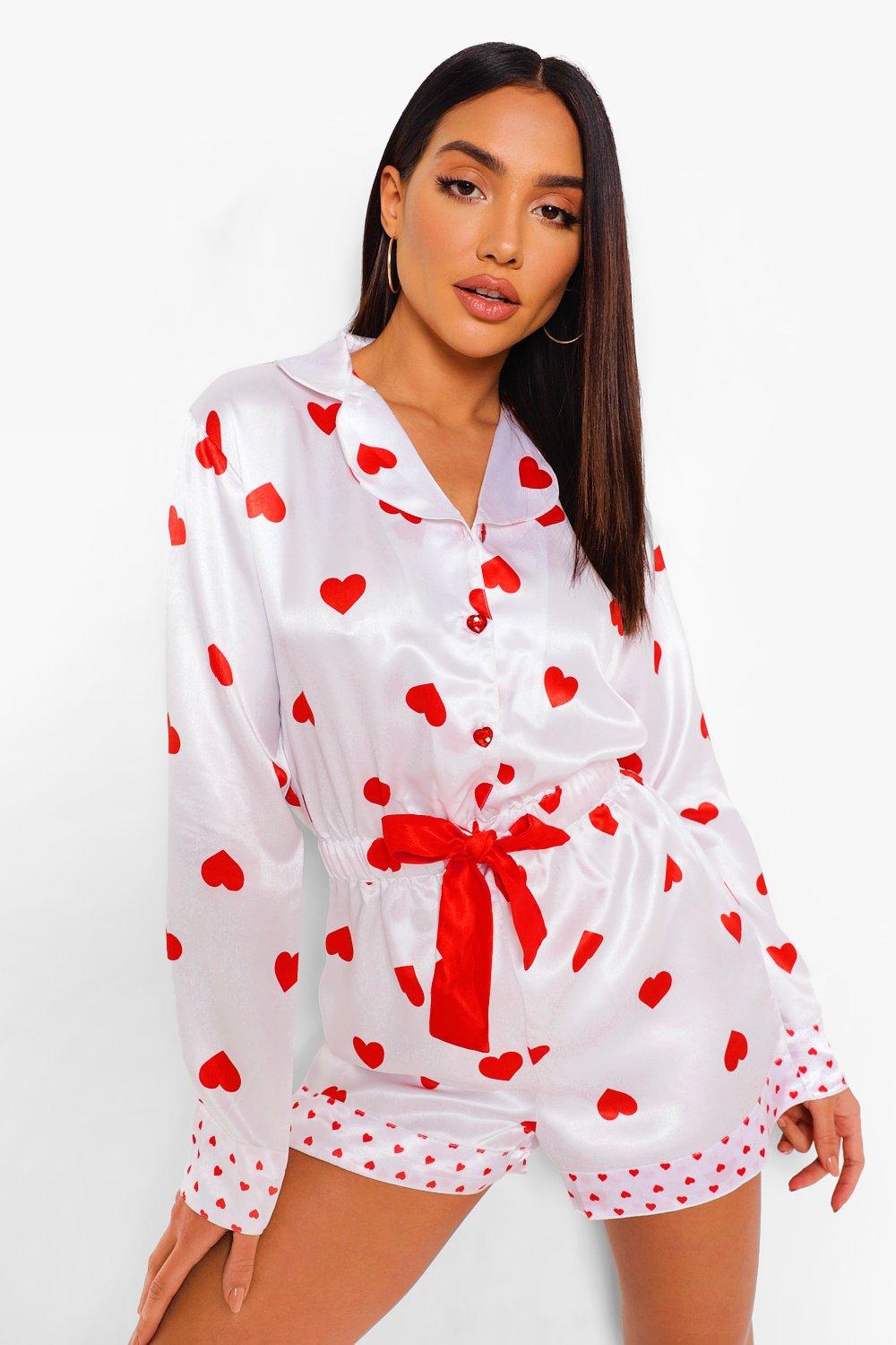 Heart Print Satin Romper boohoo