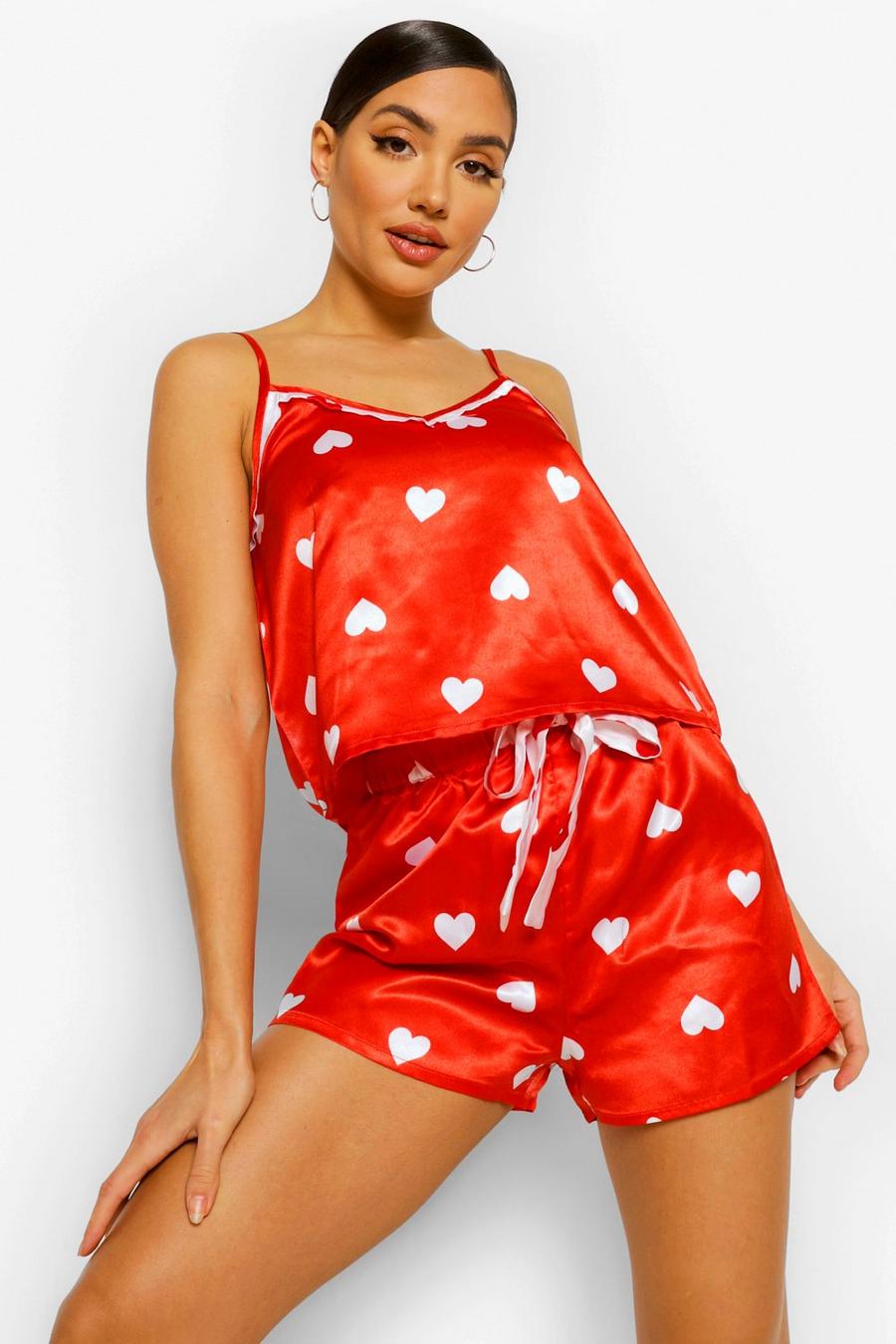 Conjunto de pantalones cortos y camisola de satén de corazones de San Valentín, Rojo image number 1