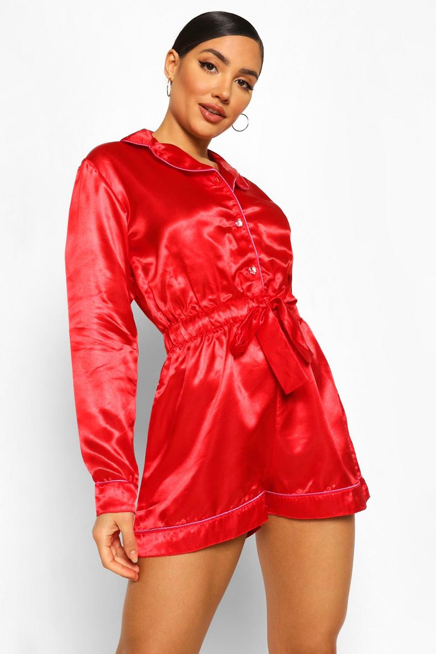 Red Heart Button Satin Romper image number 1