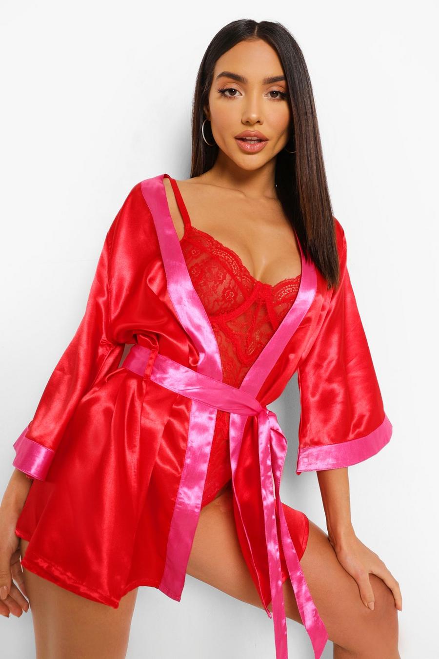 Valentines Kimono-Morgenmantel aus kontrastierendem Satin, Rot image number 1