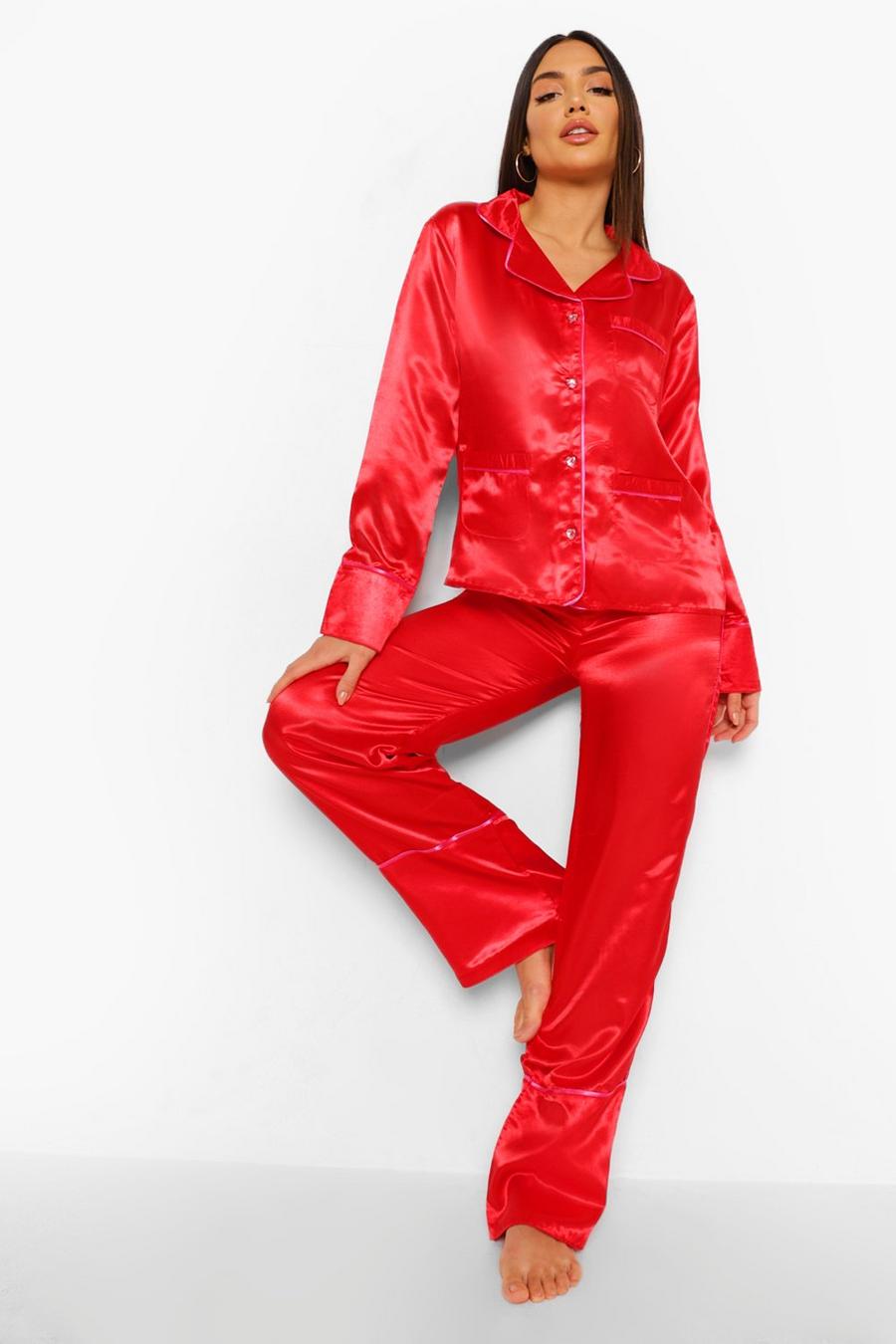 Set pigiama in raso con bottoni e cuori San Valentino, Rosso image number 1
