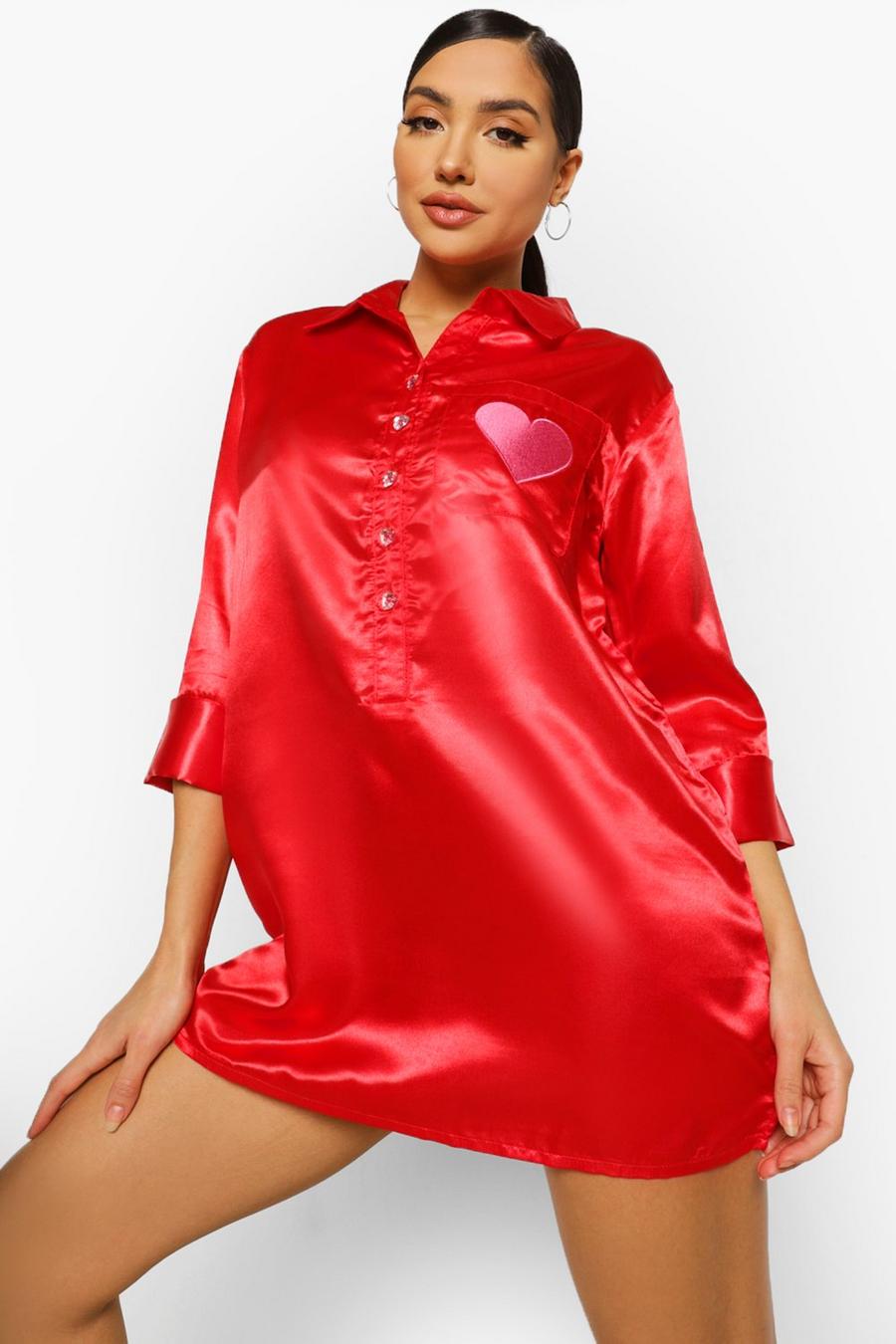 אדום חולצת שינה מסאטן עם לב רקום לוולנטיין image number 1