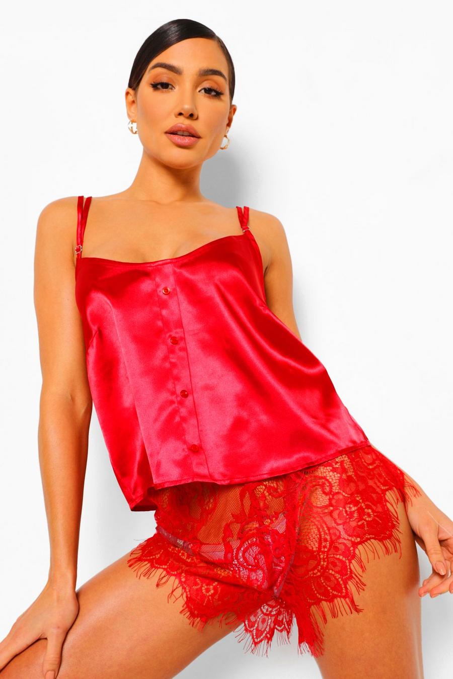 Pyjama-Shortsets aus Satin und Effektspitze, Rot image number 1
