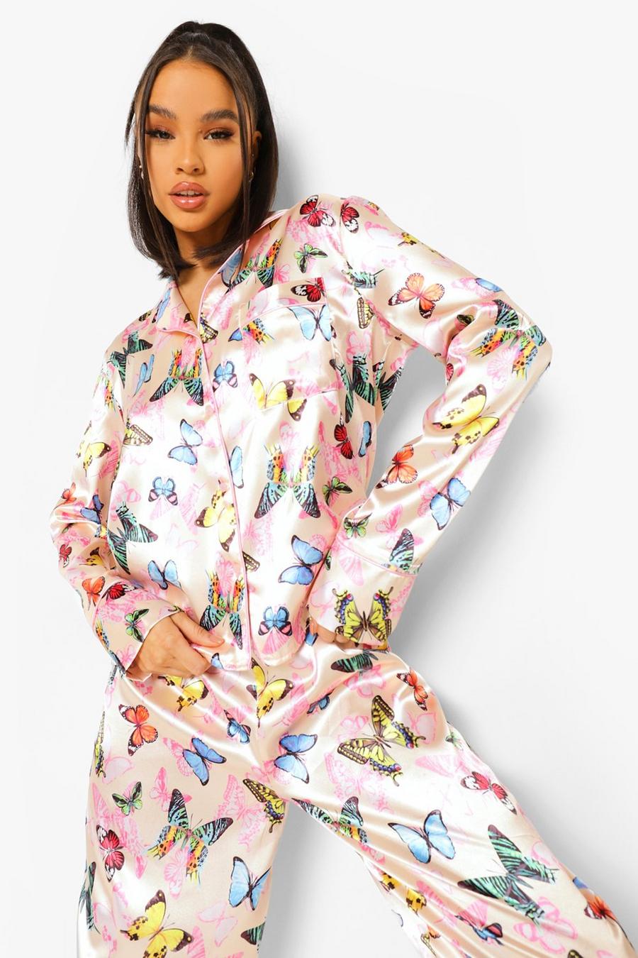 Set de pantalón de pijama de satén con estampado de mariposas , Color carne image number 1