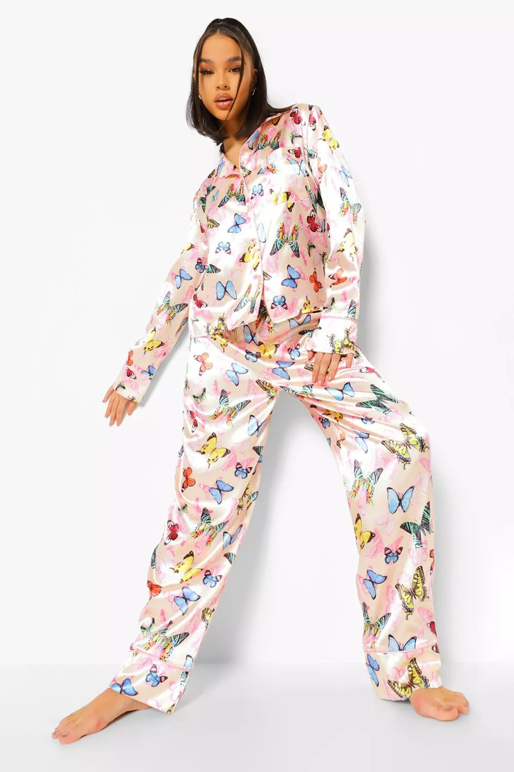 Butterfly Print Satin Pj Pants Set Boohoo