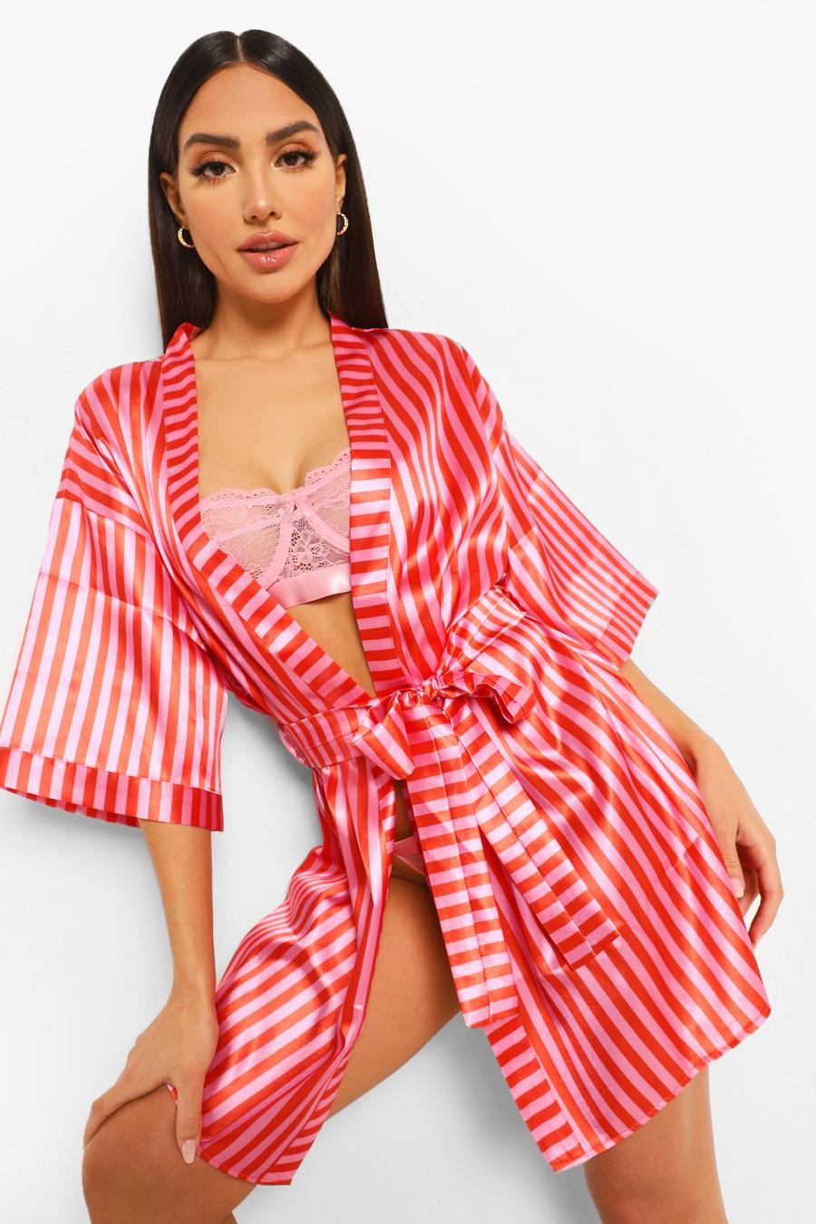 Hot pink Candy Stripe Satin Robe image number 1
