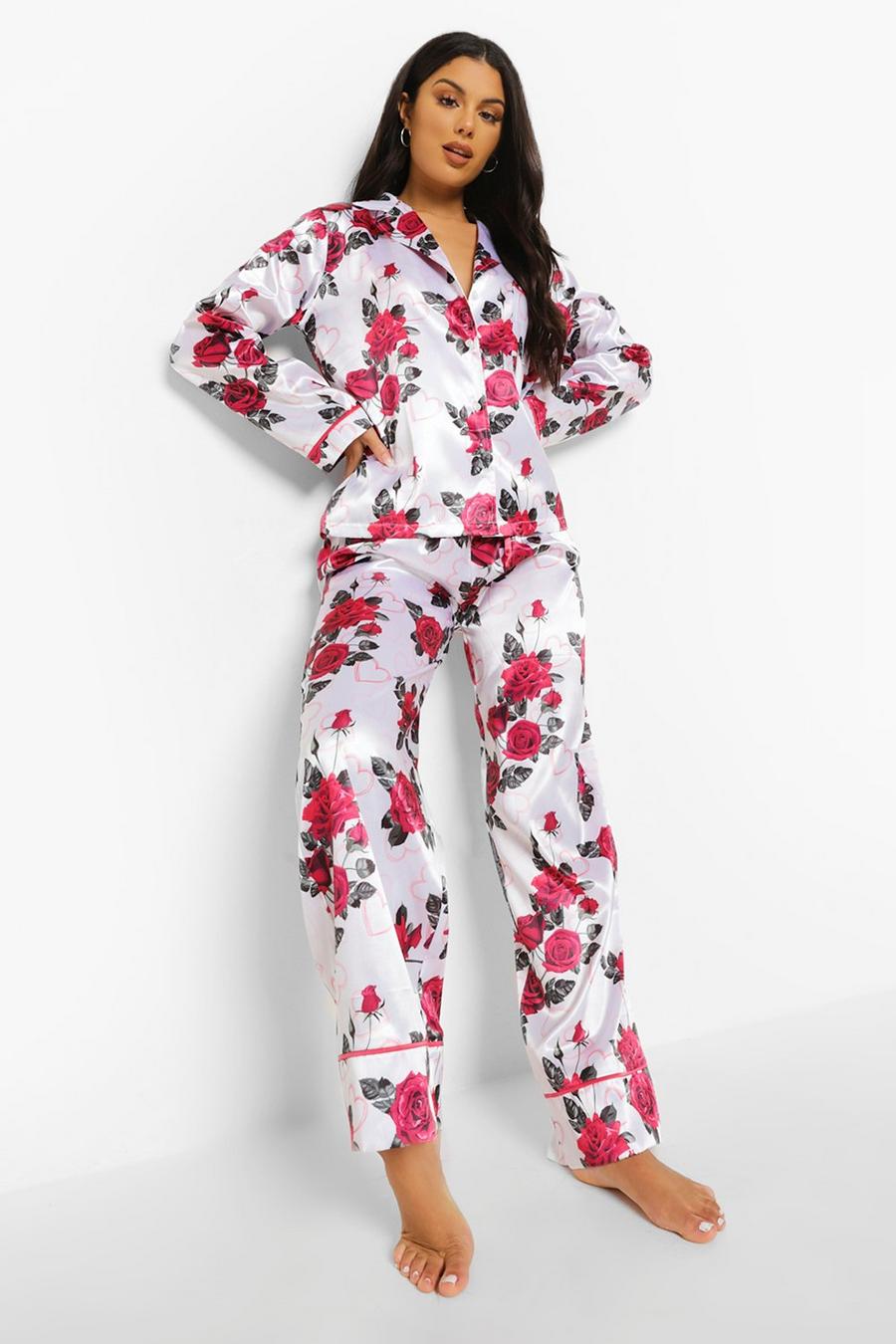 Pijama de satén con estampado de rosas, Crema image number 1