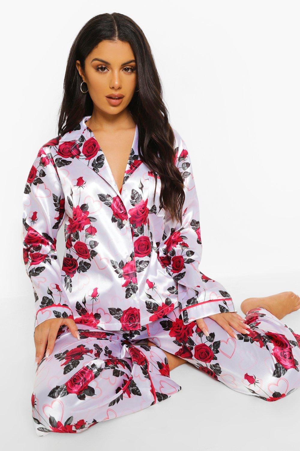 Rose Print Satin Pajamas