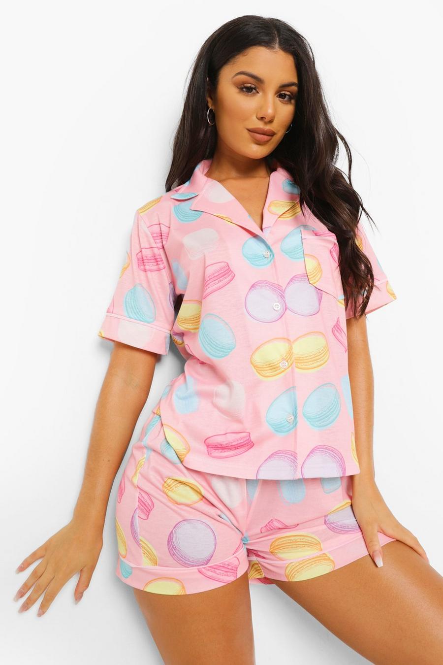 Conjunto de pantalones cortos de pijama de punto con estampado de macarons, Baby pink image number 1