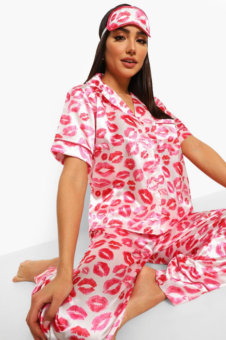 Pink Lip Print Satin Pyjamas and Mask Set image number 1