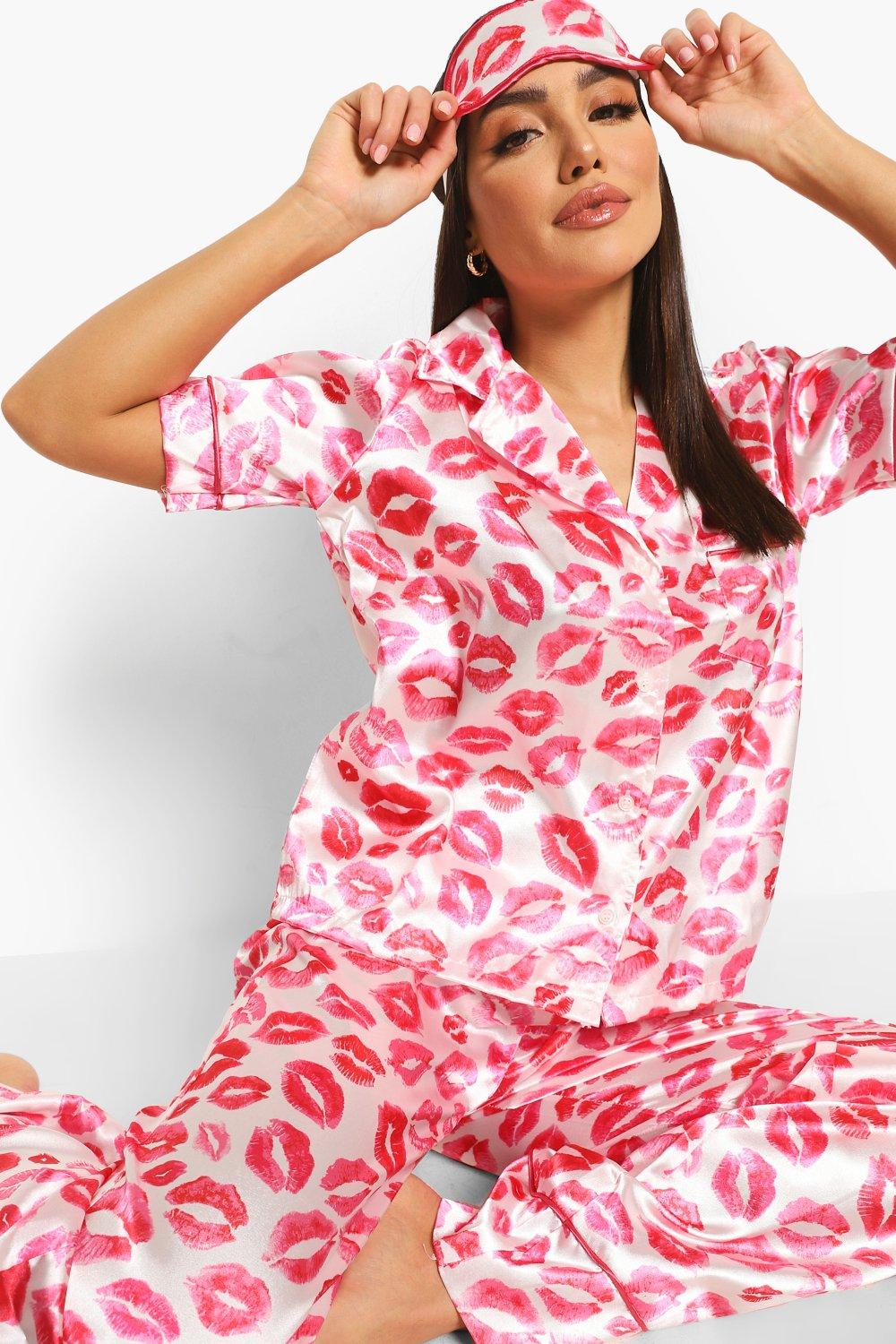 Women's Summer Pajamas Girls Pink Lips Print Sleepwear Satin Silk