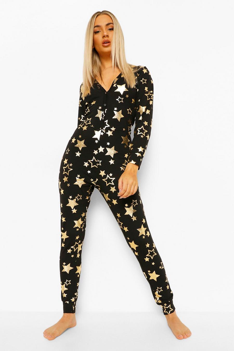 Pijama enterizo de tela jersey con estampado de estrellas, Negro image number 1