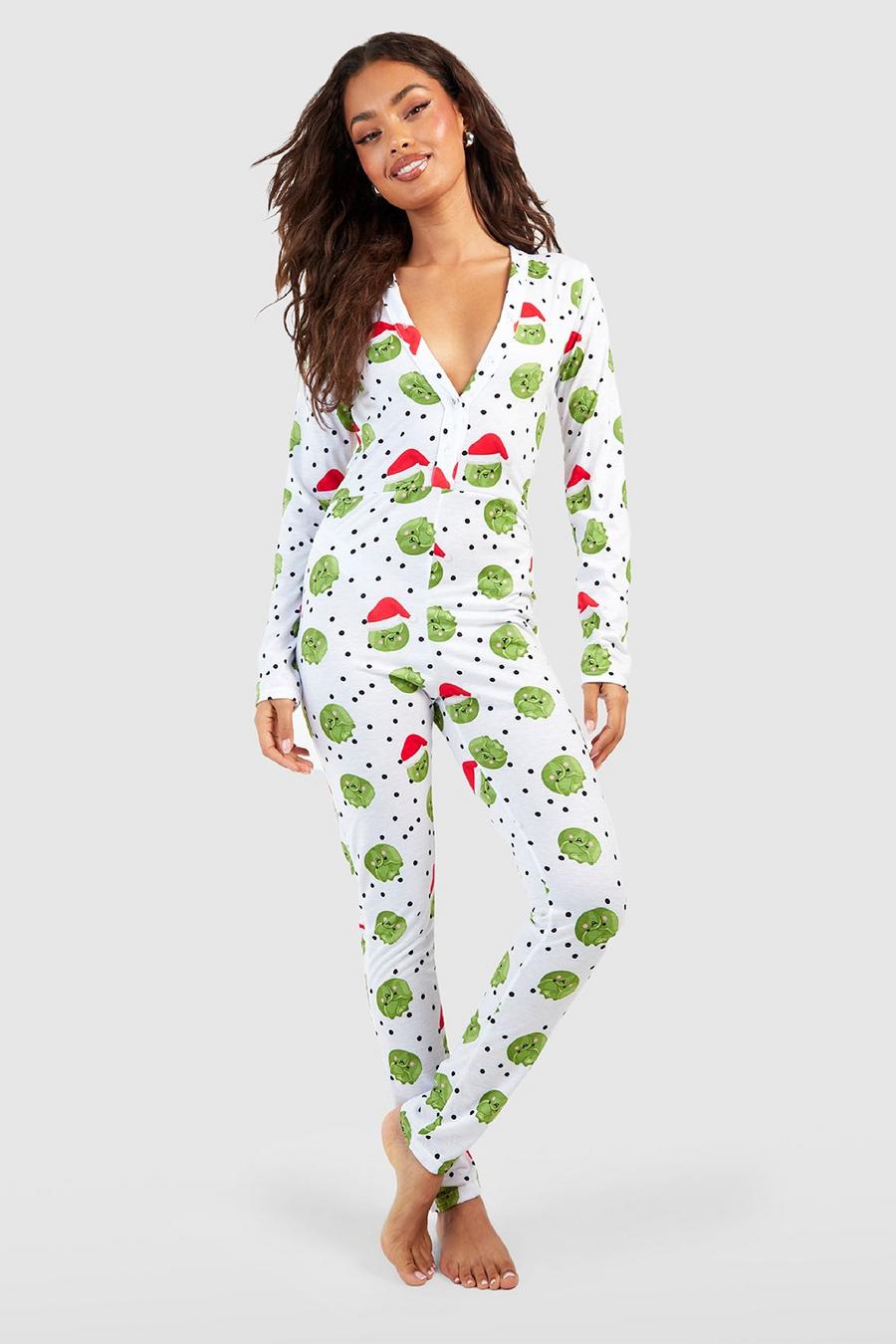 Pijama enterizo navideño de tela jersey con estampado de coles de bruselas, Crema image number 1