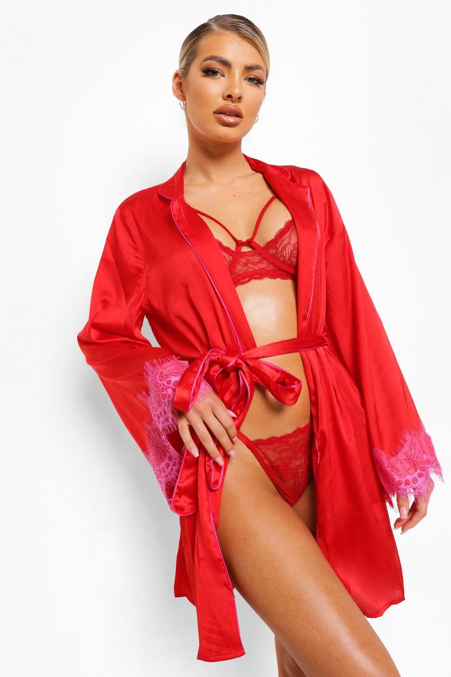 Eyelash Trim Contrast Kimono Robe, Red image number 1