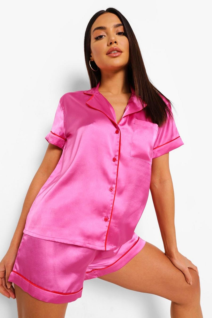 Ensemble de pyjama satiné à passepoil contrasté avec short - St Valentin, Hot pink image number 1