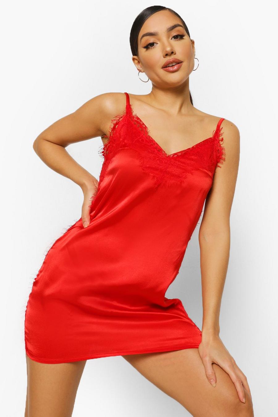 Red Eyelash Lace Trim Satin Chemise image number 1