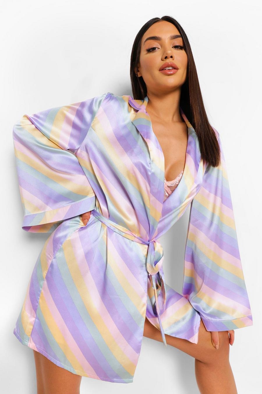 Pastellfarbener Kimono-Morgenmantel aus Satin mit Streifen, Mehrfarbig image number 1