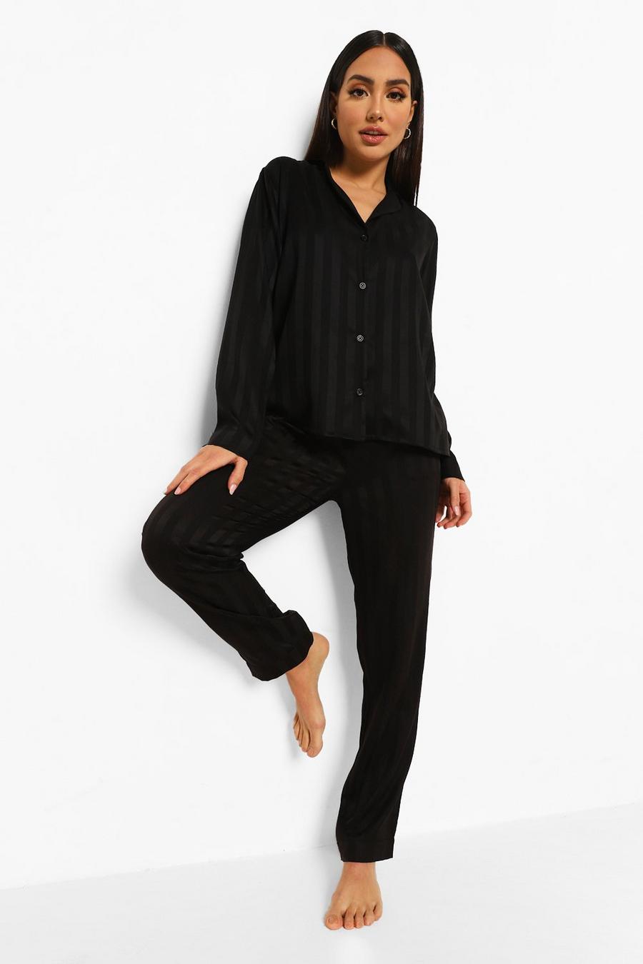Black Jacquard Stripe Satin Pyjamas image number 1