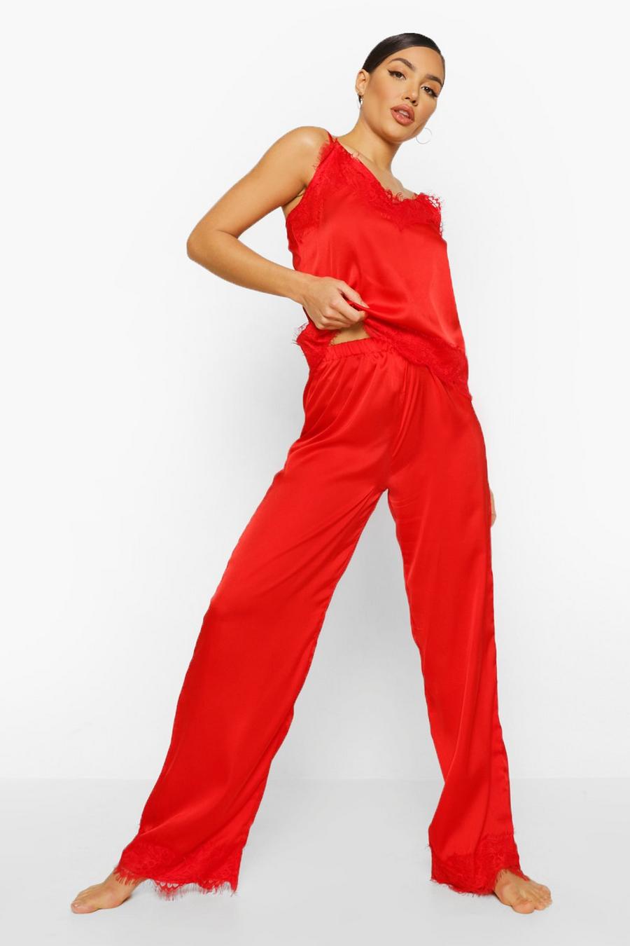 Conjunto de pantalones y camisola de satén con adorno de puntilla de San Valentín, Rojo image number 1