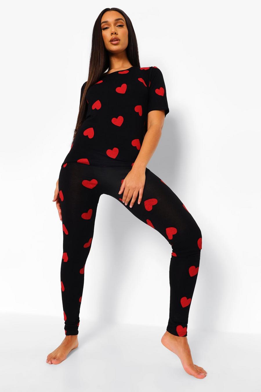 Black Tall All Over Heart Print Short Sleeve Pajama Set image number 1
