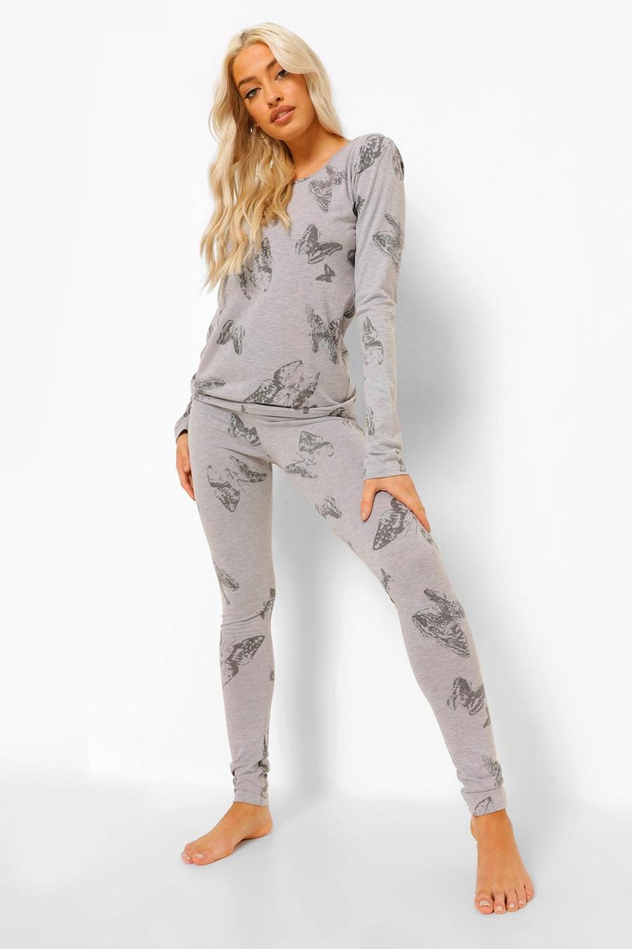 Tall Pyjama-Set mit langen Ärmeln und Schmetterling-Print, Grau image number 1