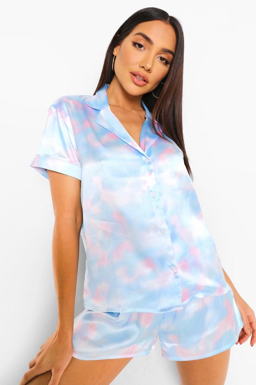 Pastellfarbenes Pyjama-Shortset in Batik-Optik, Babyblau image number 1