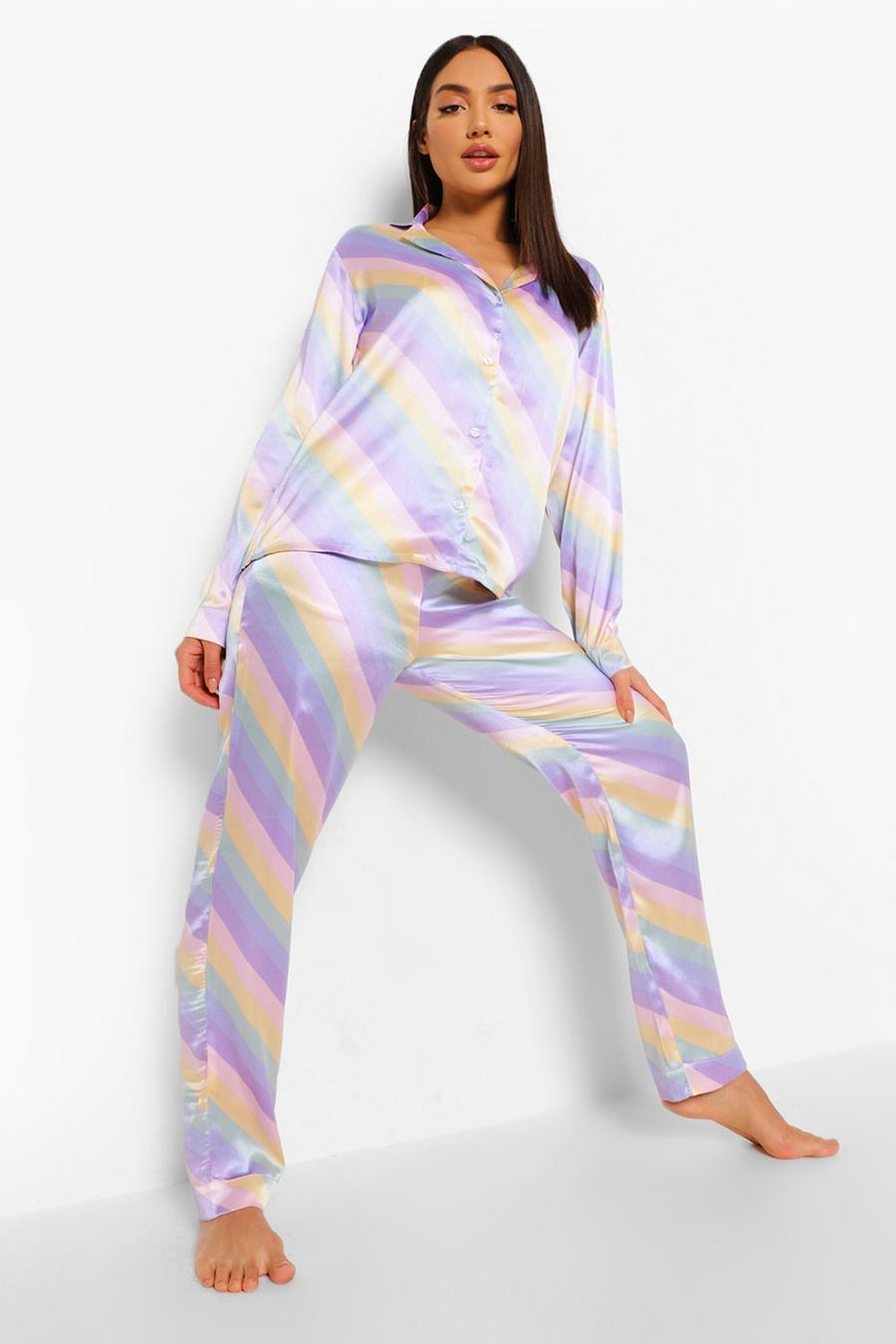 Pyjama aus Satin mit pastellfarbenen Streifen, Mehrfarbig image number 1