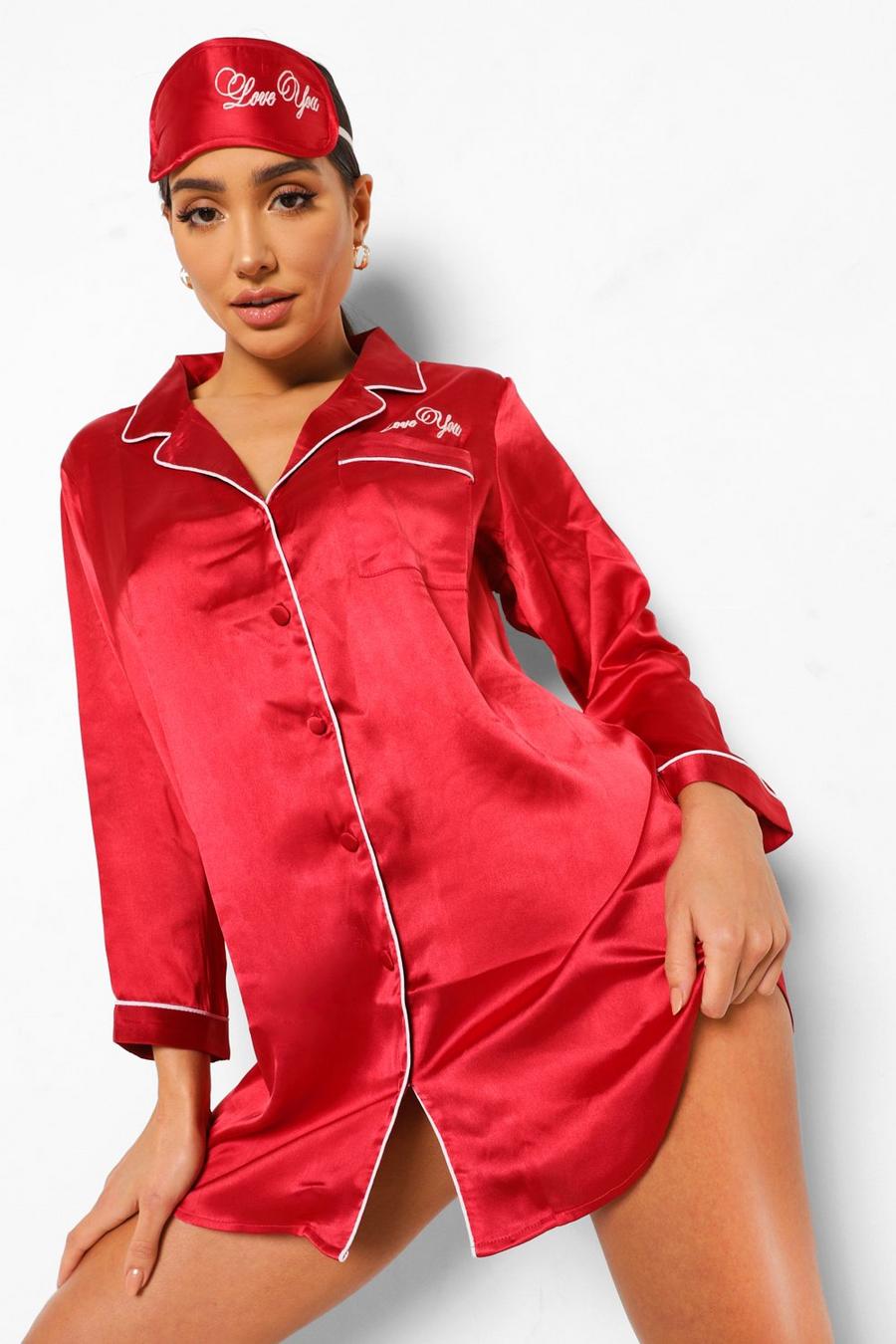 Red Valentijns Love You Pyjama Blouse En Slaapmasker Set image number 1