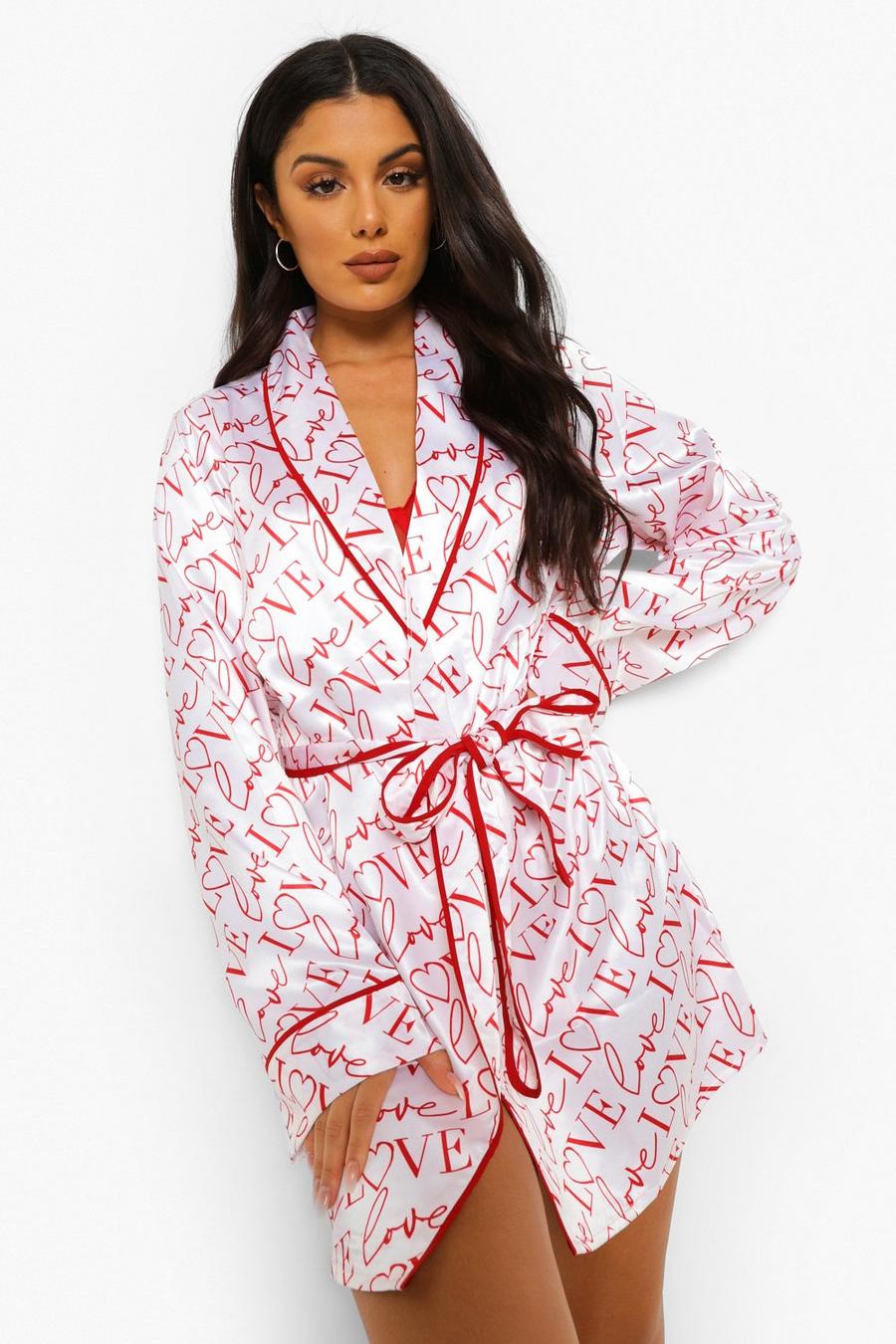 Valentines Kimono-Morgenmantel aus Satin mit Love-Slogan, Weiß image number 1
