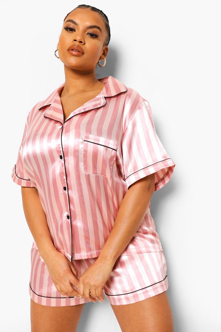 Pink Plus Roze Gestreepte Satijnen Pyjama Set Met Shorts image number 1